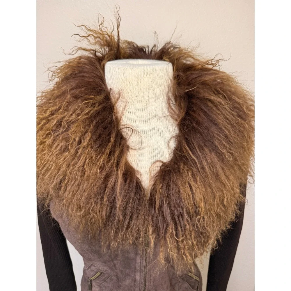 VTG Y2K Genuine Suede Leather Jacket Mongolian Lamb Fur Collar Rib Knit Brown M